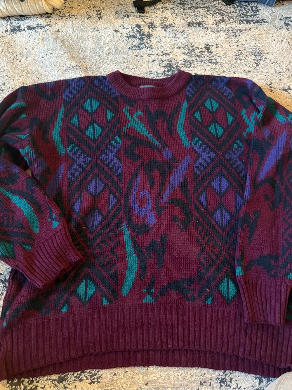 Vintage Burgundy Patterned Crewneck Sweater